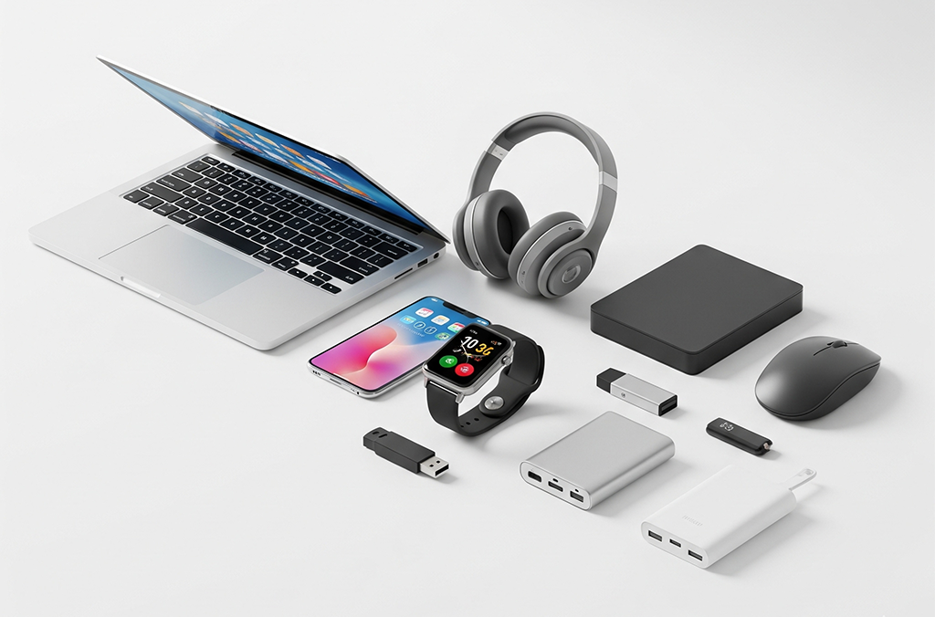 Various IT hardware components including cables, routers, and switches arranged neatly.